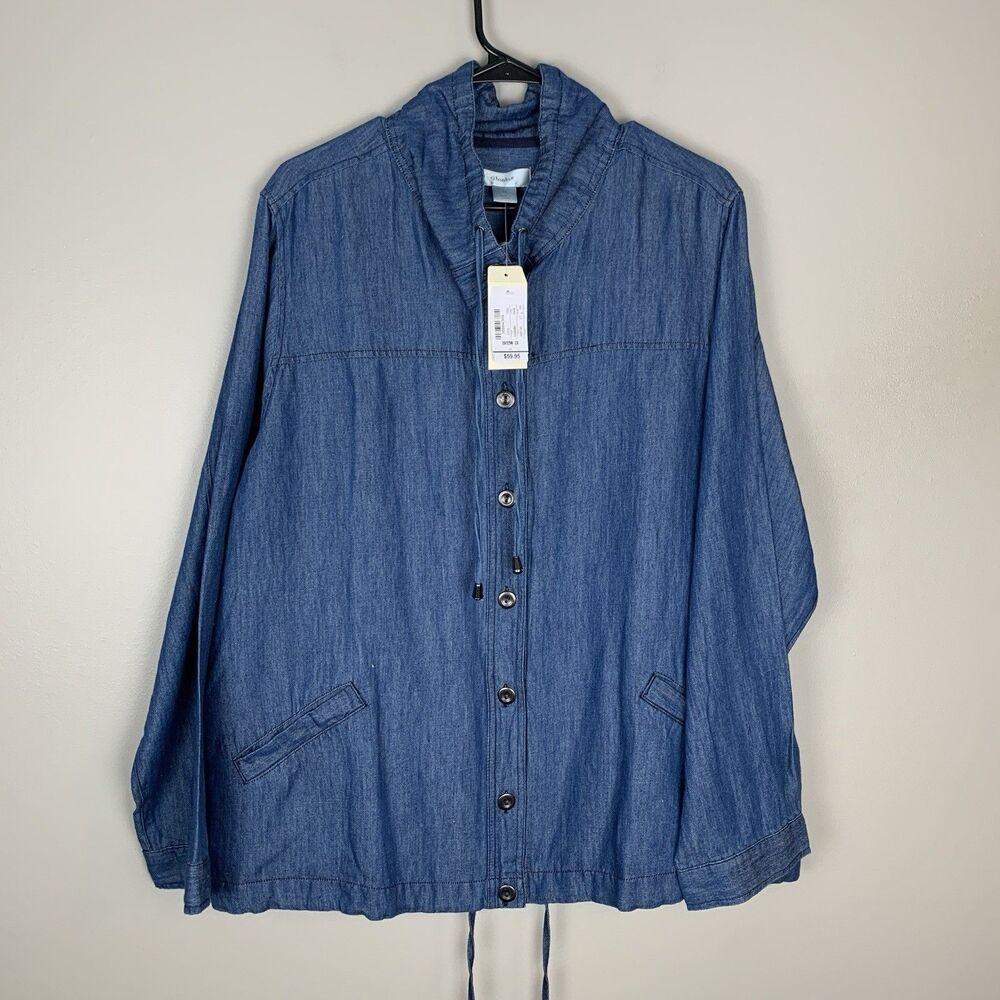 CJ Banks Size 2X Blue Chambray Blouse Long Sleeve Button Front Cinch Waist NWT